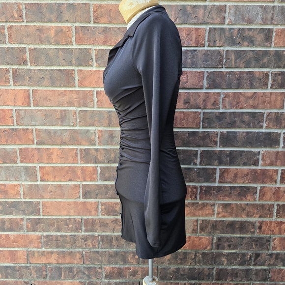 Windsor Dress Womens Small Black Ruched Button Front Bodycon Mini Long Sleeve - Picture 5 of 8